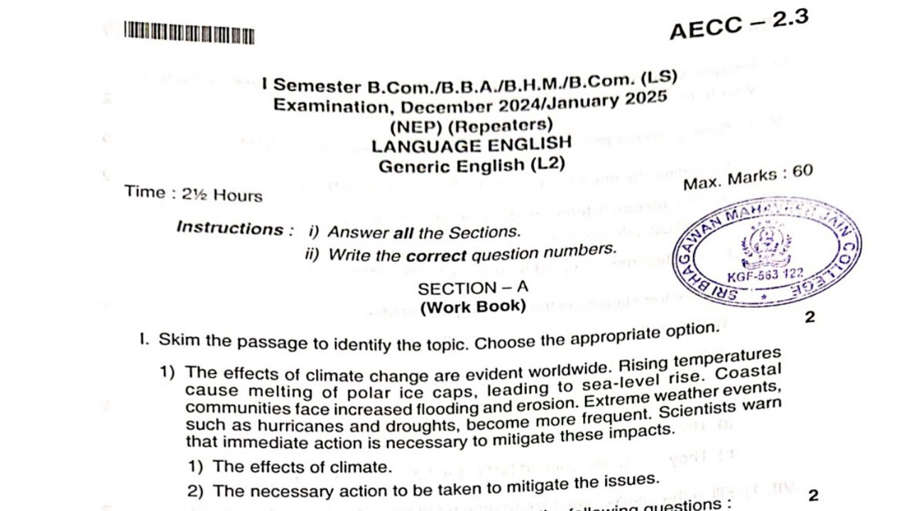 BBA 1st semester Language English Question paper 2025 || BBA, B.Com, BHM 1st Semester PYQ 2025