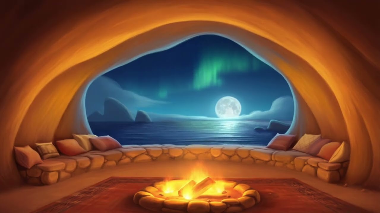 Firelit Cave & Northern Lights Over the Ocean | Cozy Night Ambience for Sleep