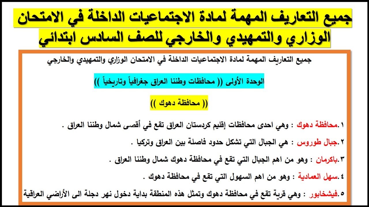 تعاريف مادة الاجتماعيات الداخلة في الامتحان الوزاري والتمهيدي والخارجي للصف السادس ابتدائي