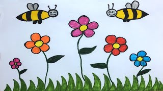 طريقة رسم العشب والورود والنحله مع التلوين للأطفال