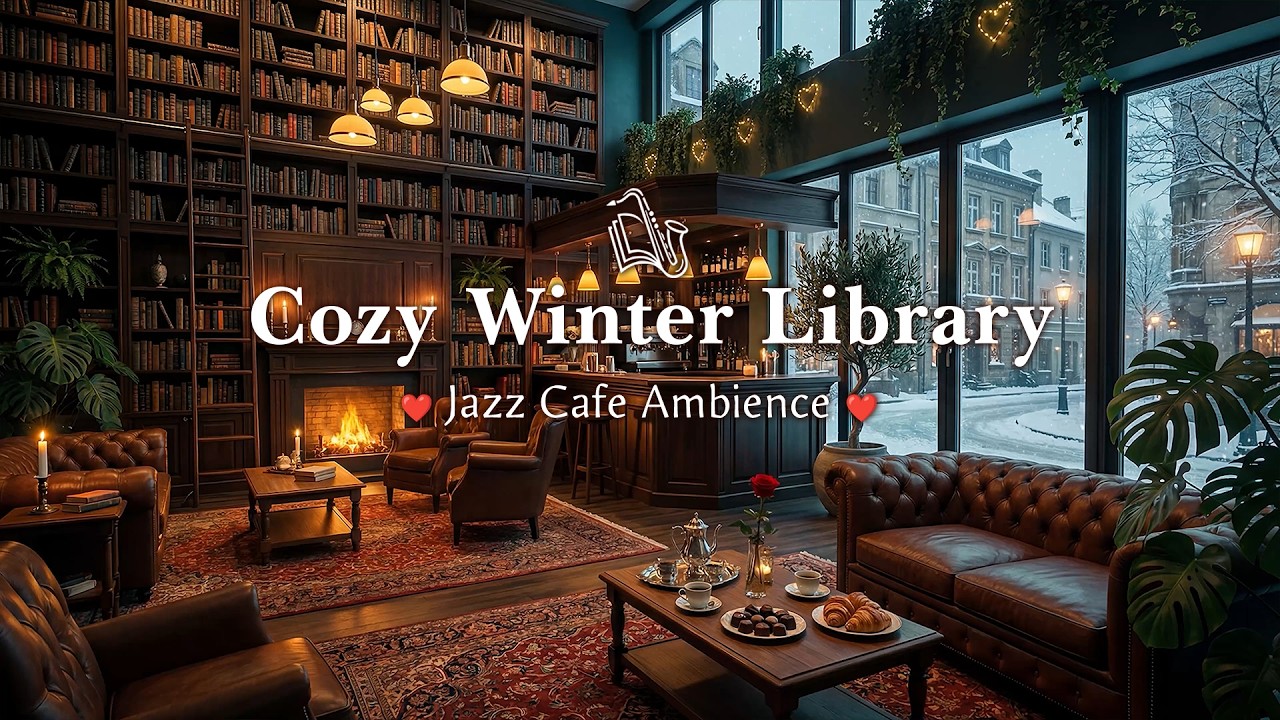 Cozy Winter Library Cafe Ambience ☕ Relaxing Jazz Music & Gentle Snowfall for Calm, Stress Relief