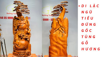 Tượng Gỗ: Di Lặc Ngũ Tiểu Đứng Gốc Tùng Gỗ Hương Đỏ