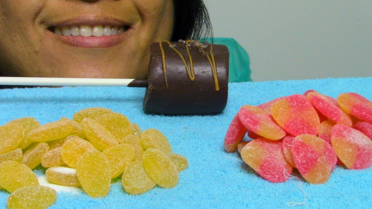 ASMR Eating Marshmallow Pop Haribo Peaches Ginger Lemon Gummy Candies ScorpioAnnASMR