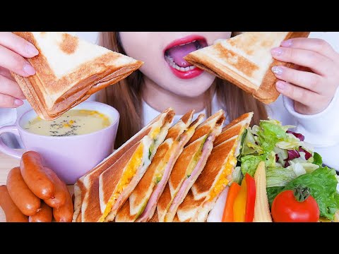 【咀嚼音/ASMR】朝食セット ホットサンド シャウエッセン コーンスープ サラダを食べる音 【字幕付】