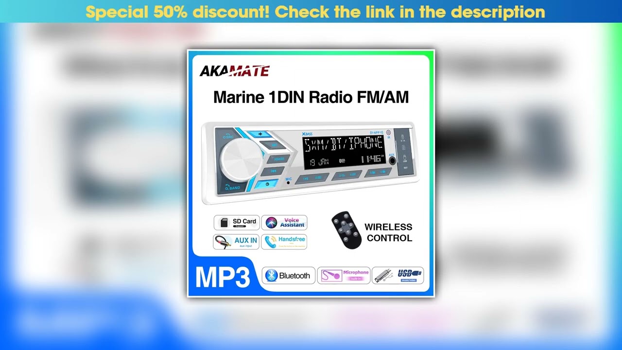 Exclusive AKAMATE 1Din Boat Radio for RV ATV UTV SPA RZR Marine Media Stereo Player Bluetooth AUX U