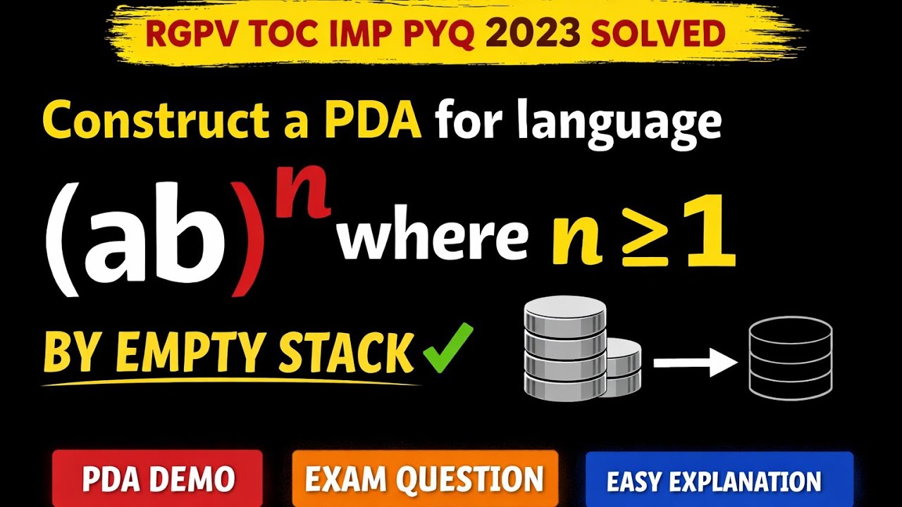 Construct PDA for L = { (ab)ⁿ | n ≥ 1 } |L = (ab)ⁿ PDA | RGPV 5th Sem | PYQ Solved | Automata Theory