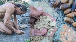 Primitive Kitchen: Grinding Acorns in Native Mortar Hole