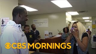 Mom reacts after football coach surprises her with son's scholarship news