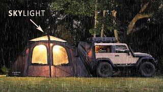 SOLO RAIN Camping in a SKYLIGHT TENT | cozy, relaxing car shelter | ASMR screenshot 2