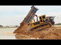 Best Activity Construction Equipment , Dump Truck Dumping Soil into Water & Bulldozer Pushing Soil