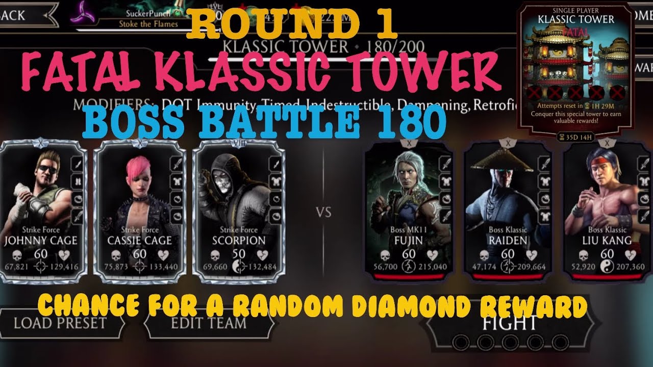 Fatal Klassic Tower Boss Battle 180+Reward | Chance for a Diamond| MK Mobile Gaming
