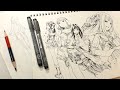 朱藍鉛筆とミリペンで気ままに練習ラクガキ（Practice drawing : real time)