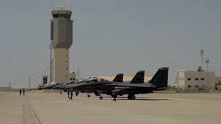 F 15E'Strike Eagle taking off from the'Al Dafra' base | إقلاع طائرات إف 15 من قاعدة الضفرة