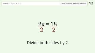 Linear equation with one unknown: Solve 2(x-3)=12 step-by-step solution