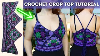 Easy crochet crop top tutorial using 2 squares & 5 triangles | Brunaticality Crochet