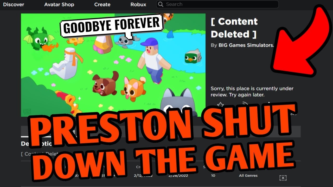 RTC on X: Preston is AWARE of Pet Simulator X getting deleted