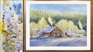 Watercolor landscape painting – Old wooden houses in winter