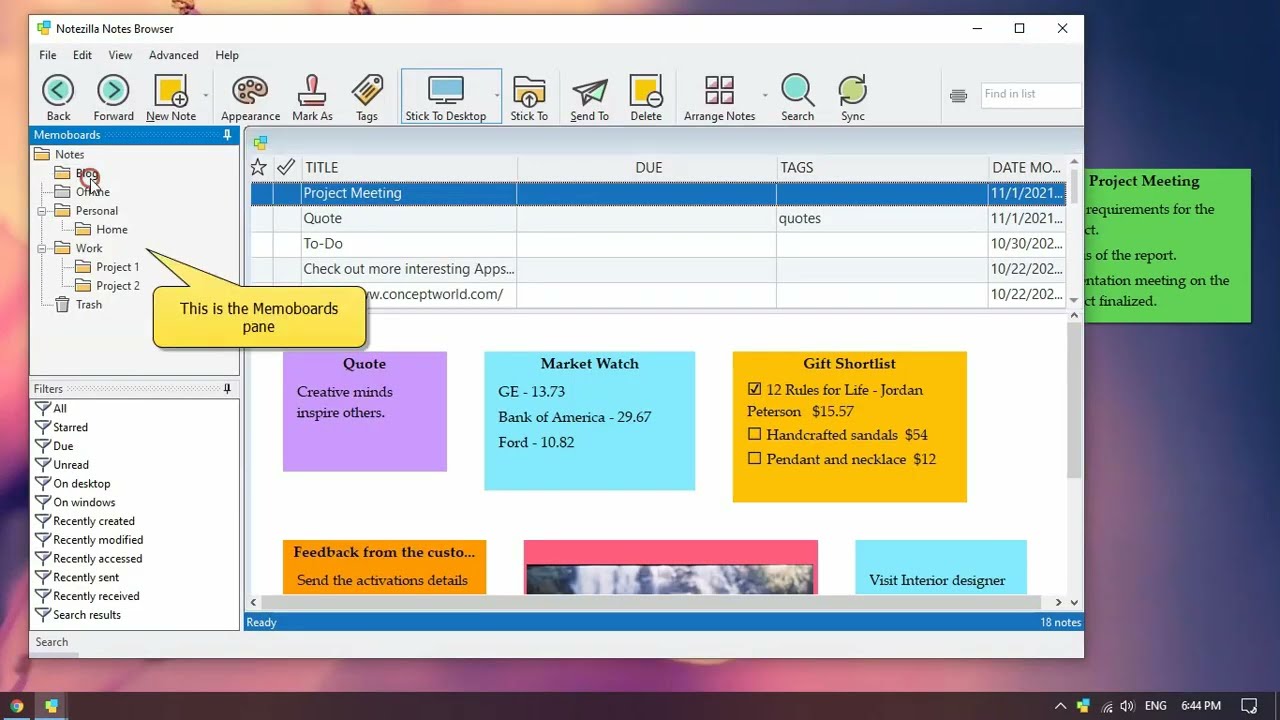 Show All Sticky Notes From A Memoboard On Windows Desktop In Notezilla 