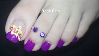 Dark Purple with Yellow Flowers Toe Nail Art Tutorial- Summer Pedicure Nail Art | Rose Pear