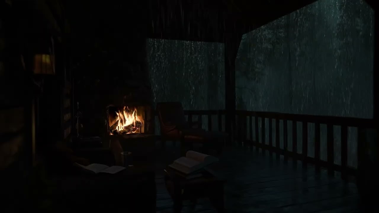 Night Forest Ambience🌲😪Rain Tin Roof+Calm Thunder🔥Firep Sounds for SLEEP, REST & RELAX - Dark screen