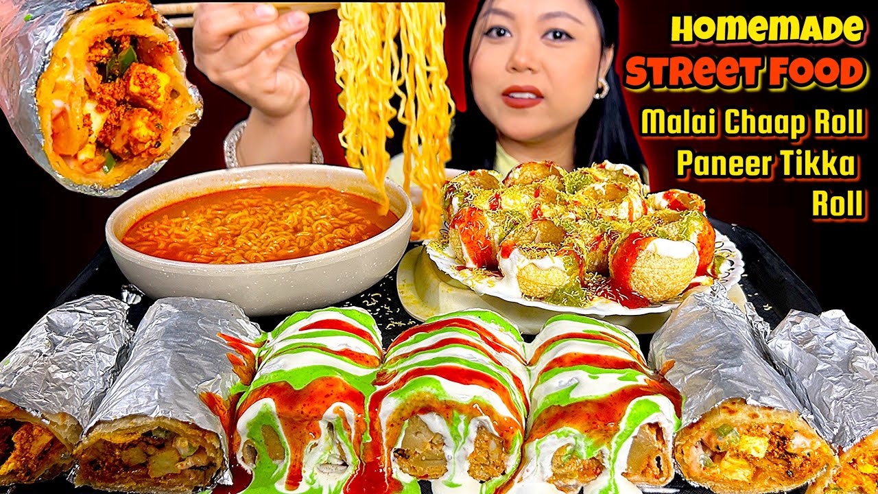 EATING MALAI CHAAP ROLL, PANEER TOKKA ROLL, DAHIPURI & 🔥SOUPY NOODLES | STREET FOOD | ASMR MUKBANG |