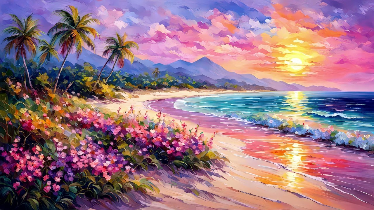 Frame TV Art 4K : Landscape Beach Sunset Painting S1