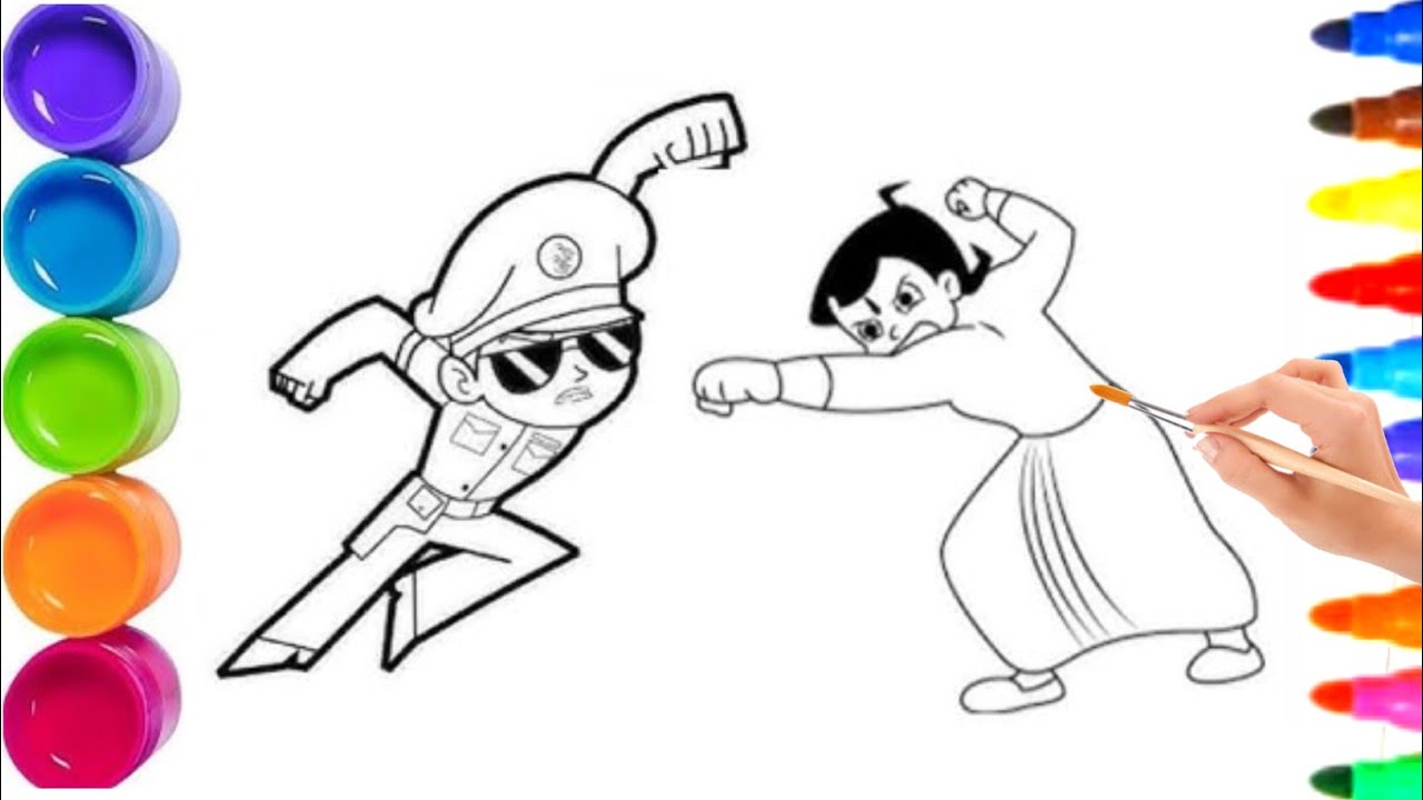 Little Singham Flying kick to Chota Bheem drawing 🍄🍓 drawing and painting for kids and toddler 😎🌈