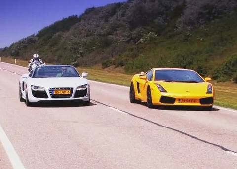 Audi R8 V10 Spyder vs Lamborghini Gallardo vs BMW S1000RR
