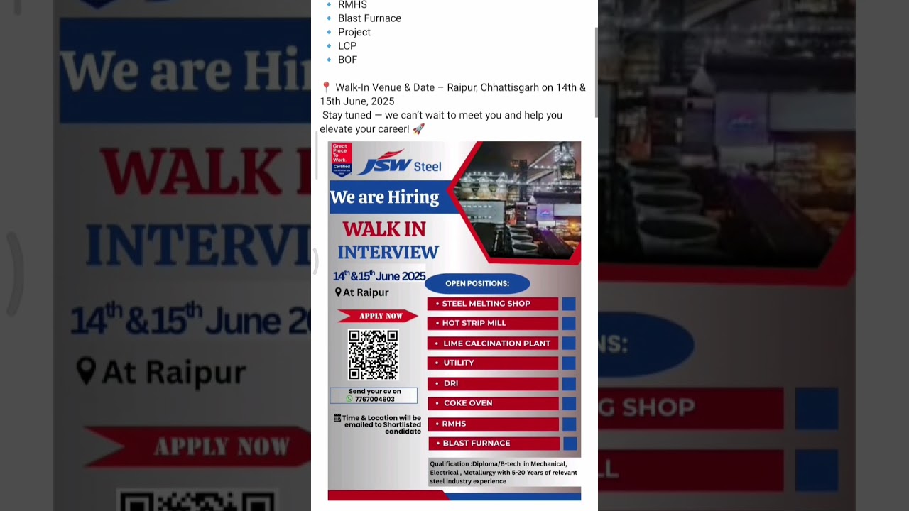 Huge Vacancy in JSW Steel Plant , Raigarh Chhattisgarh