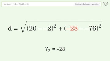 Find the distance between two points p1 (-2,-76) and p2 (20,-28): Step-by-Step Video Solution
