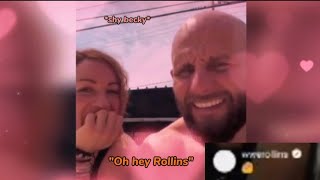 The way Becky Lynch's face lights up when she see's Seth Rollins's comment during an instagram live.