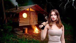 One Month Alone: She Builds a Log Cabin in the Wild | Wood Stove \u0026 Bed (ASMR)