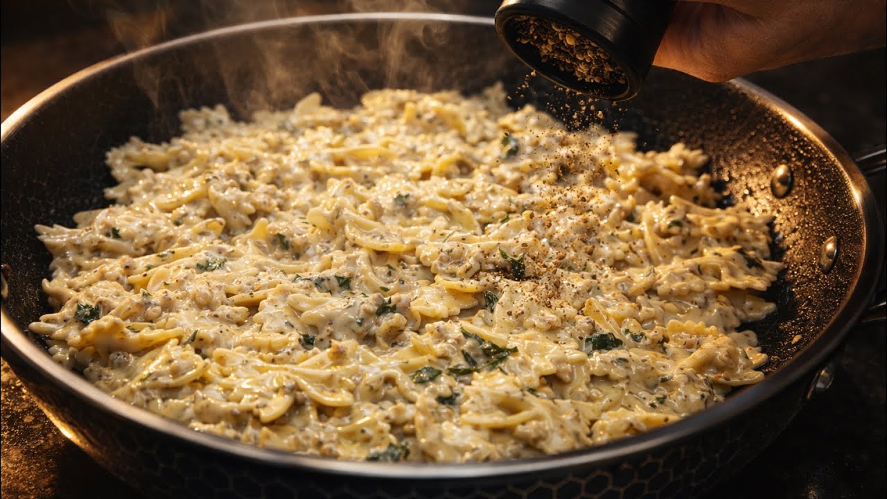 Pasta with a creamy cheese sauce, nuts, and caramelized onions | Besten Rezepte Essen