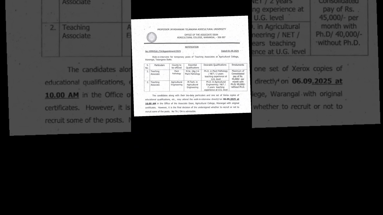 dt.interview-6/9/25 for Teach.Asso, Agri College -warangal