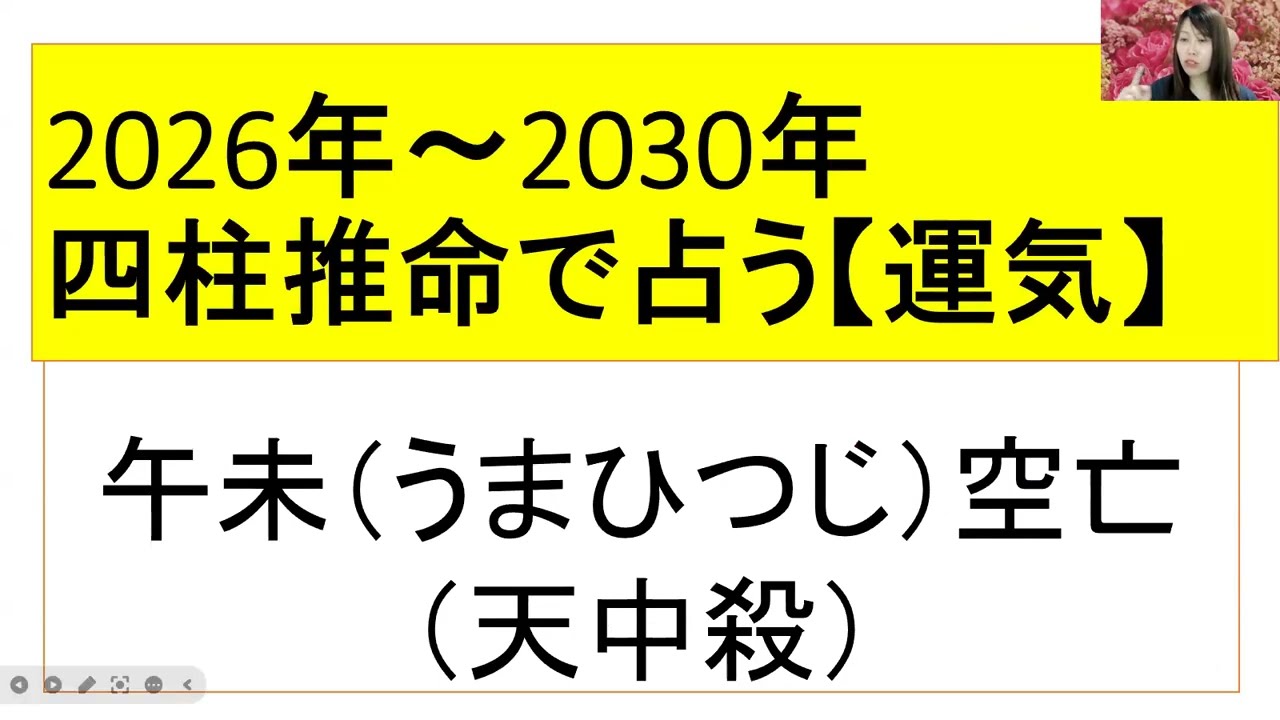 【四柱推命占い講座】午未空亡・天中殺/2026年/2027年/2028年/2029年/2030年の運気と運勢が変わる時を占う。一生の人生グラフ、運命グラフ、運気運勢バイオリズム、流れの解説