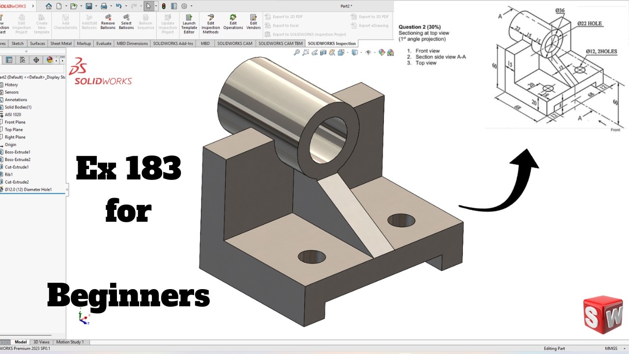 Exercise 183 for beginners SolidWorks Tutorial! SolidWorks