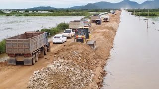 Wonderful Powder Bulldozer SHANTUI Pushing Stones To Develop Roads in the Middle of The Lake Water