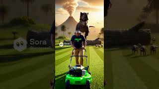 Lawn Junkie ATX ducking T-Rex while cutting grass #lawncare