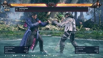 Tekken 8 CBT Kazuya movelist with frame data display  (opponent all block)