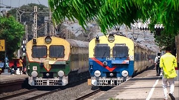 Amazing different colorful MEMU passenger trains perfect parallel crossing