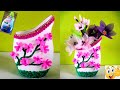 How to make flower vase from plastic bottles / reuse shampoo detergent bottles / flower vase making