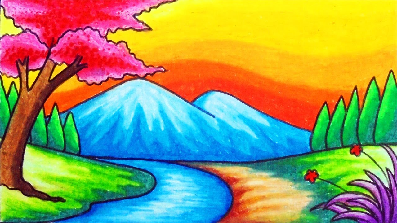 Oilpastel Scenery Drawing || Beautiful Scenery Drawing || Hill with River Scenery  Drawing - YouTube