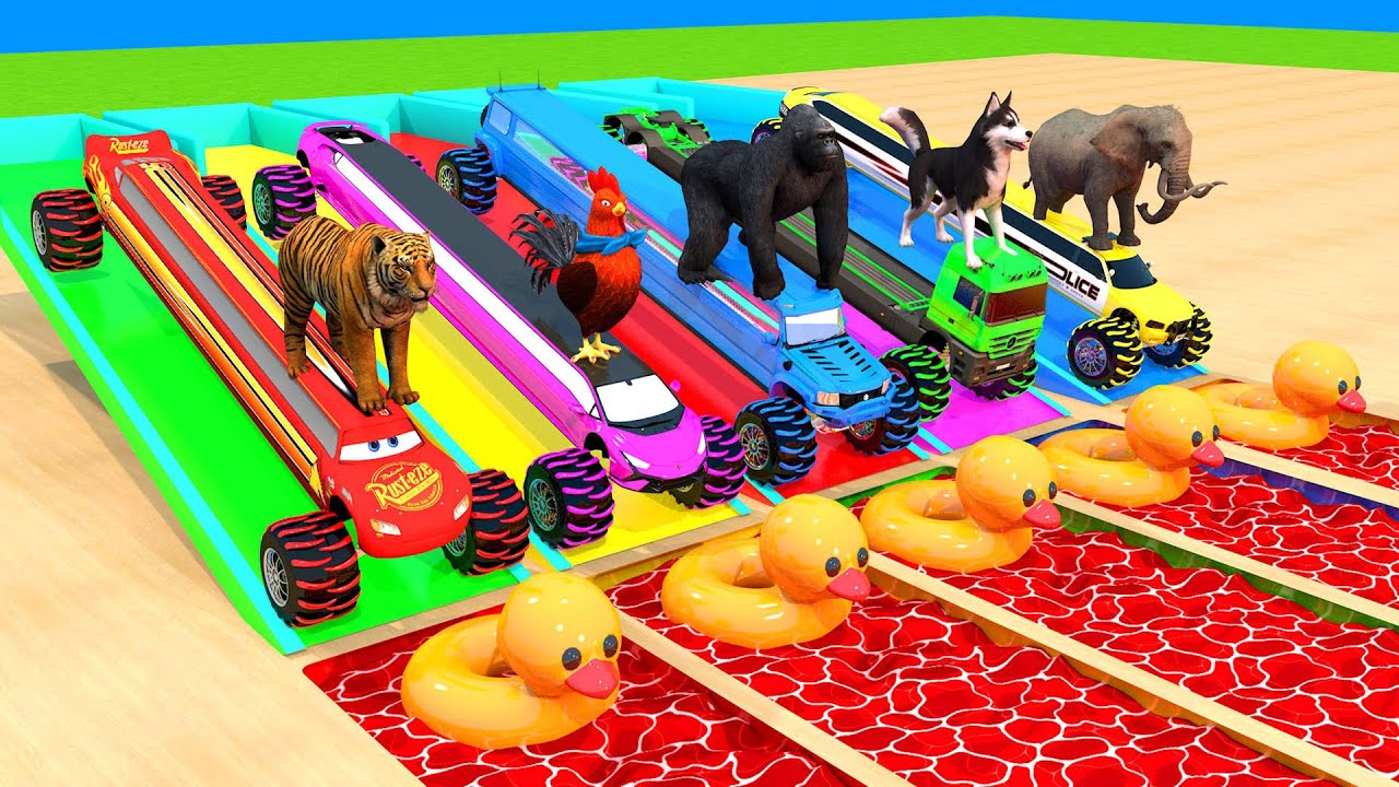 4 Giant Duck Cartoon, Elephant, Gorilla, Chicken, Dog, Tiger Wild Animals Crossing Fountain 2023