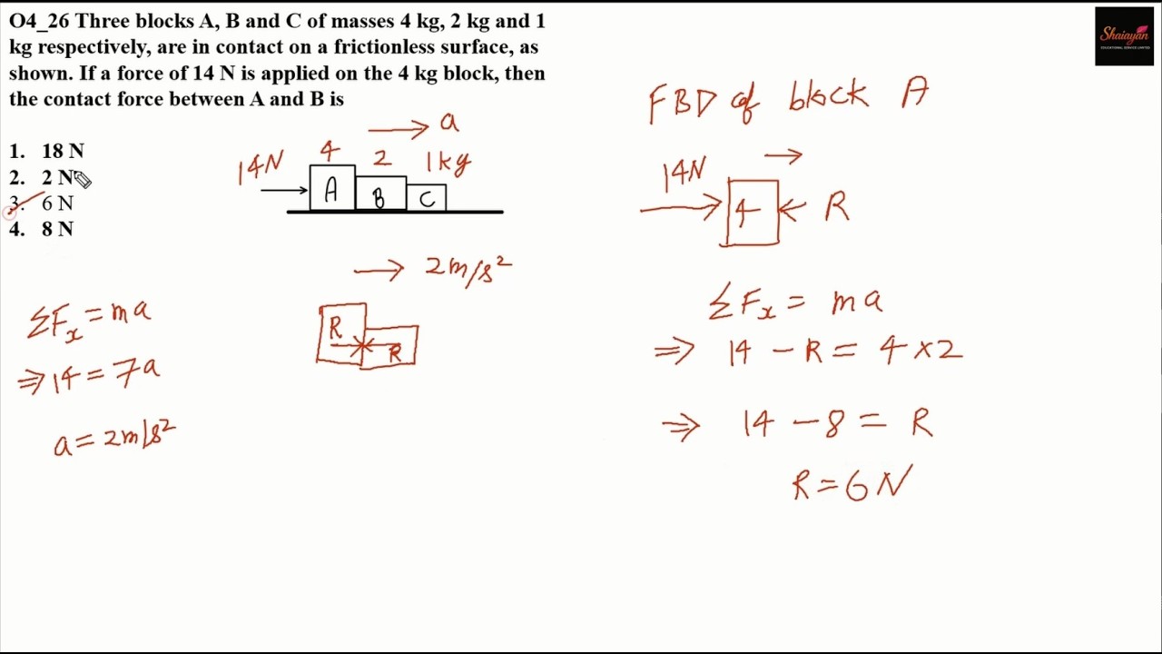 Three blocks A, B and C of masses 4 kg, 2 kg and 1 kg respectively, are in contact on a #neet #jee