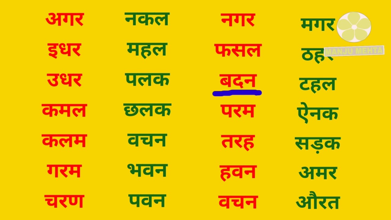 Hindi Teen Akshar  Wale Shabd