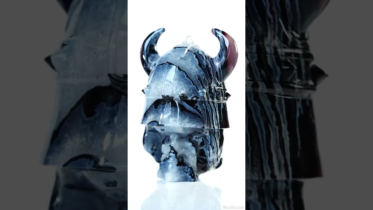 Viking Skull, 7.0" Black Zebra Agate Hand Carved Crystal Skull Fine Art Sculpture, Crystal Healing