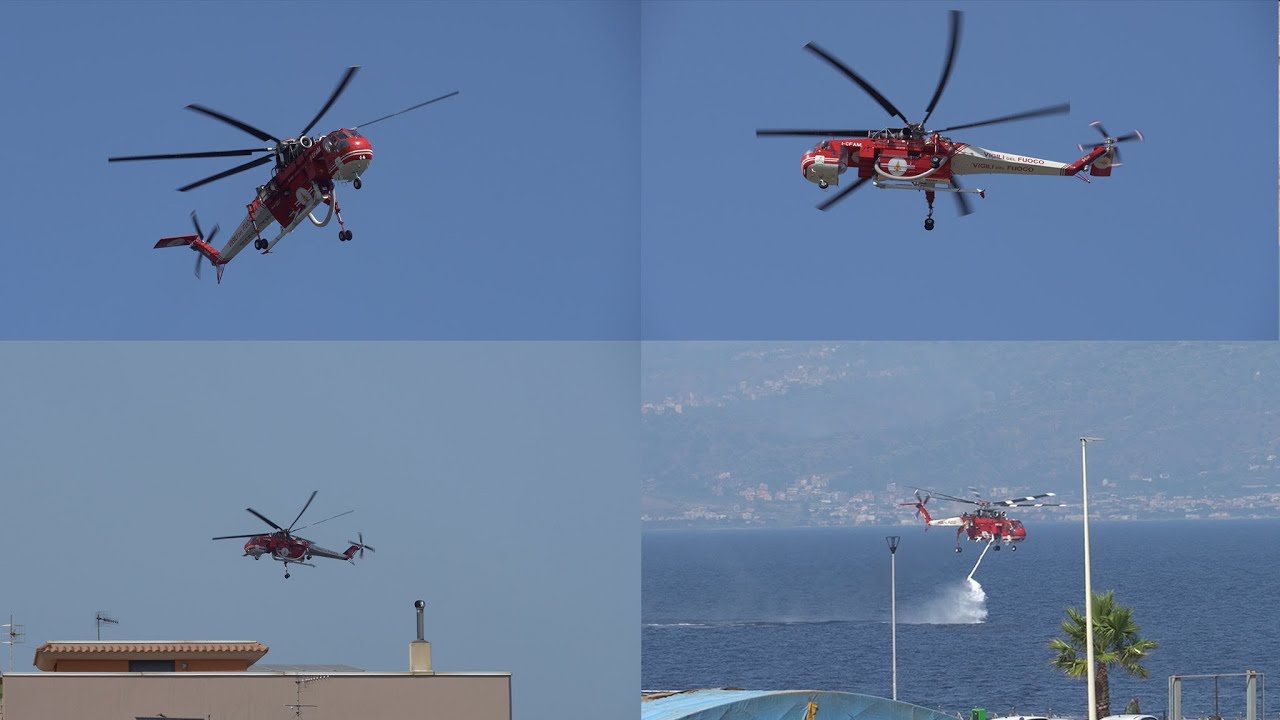4K - [I-CFAM] Intervento Elicottero Erikson Sikorsky S-64 Skycrane Vigili del Fuoco Messina