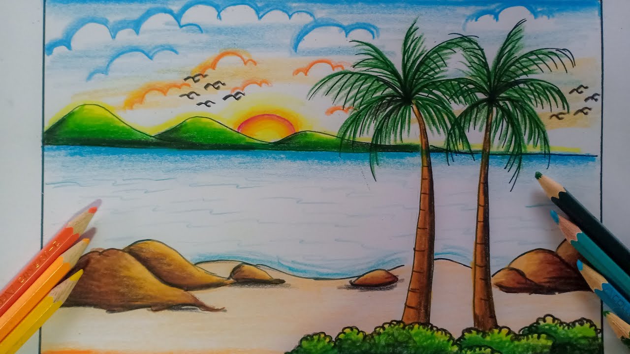 สอนวาดภาพวิวทะเล ด้วยสีไม้ ง่ายๆ How to draw sea scenery - YouTube