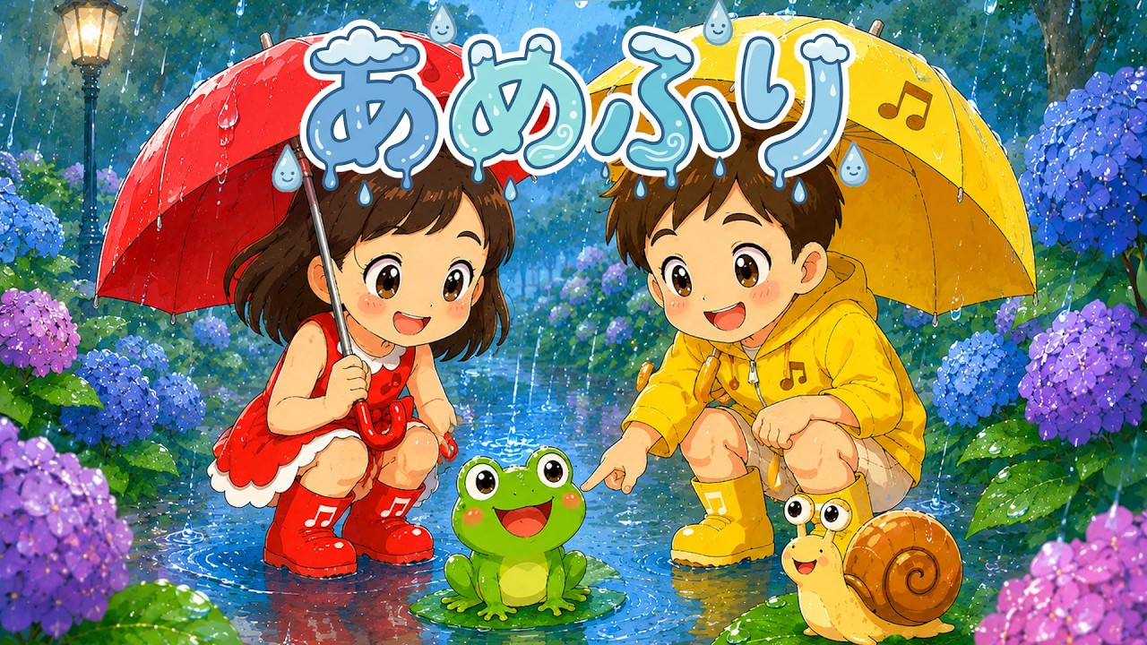 ぴちぴちちゃぷちゃぷ あめふり（歌詞付き）🎶雨の童謡 - YouTube