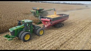 : Two John Deere X9 1100 Combines with 16 Row Corn heads Harvesting a 640 Acre Field in Illinois